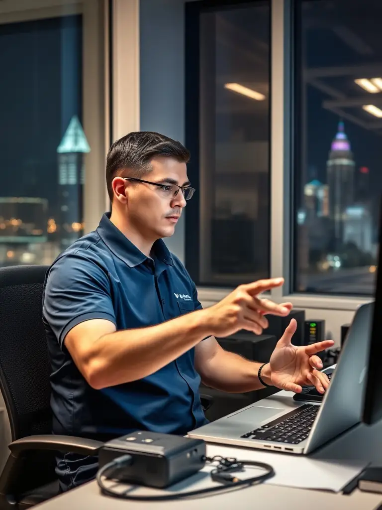 A technician rapidly responding to a VoIP outage, showcasing quick troubleshooting and resolution to minimize downtime for a Johns Creek business.