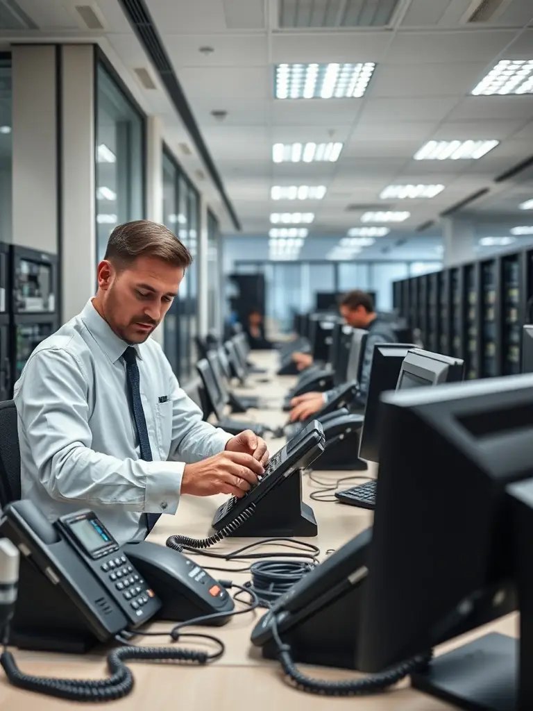 Technicians installing a VoIP phone system in a Cumming, GA office, emphasizing the precision and expertise involved.