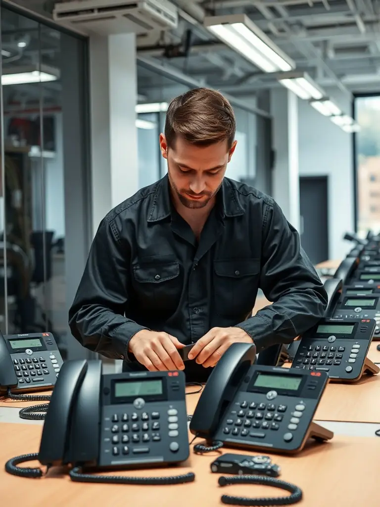 A technician installing a VoIP phone system in a Sandy Springs office, highlighting the professional installation services provided by Phone Systems Atlanta.