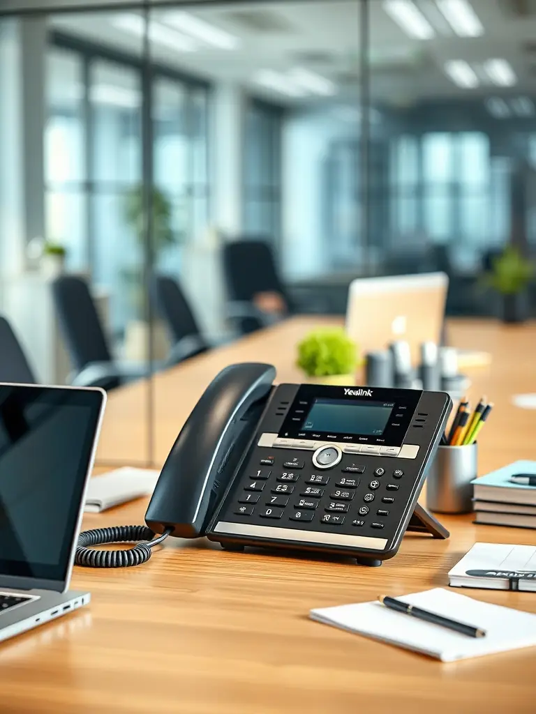 A modern office space in Alpharetta, Georgia, showcasing a sleek desk with a Yealink IP phone prominently displayed, emphasizing the integration of technology and workspace.