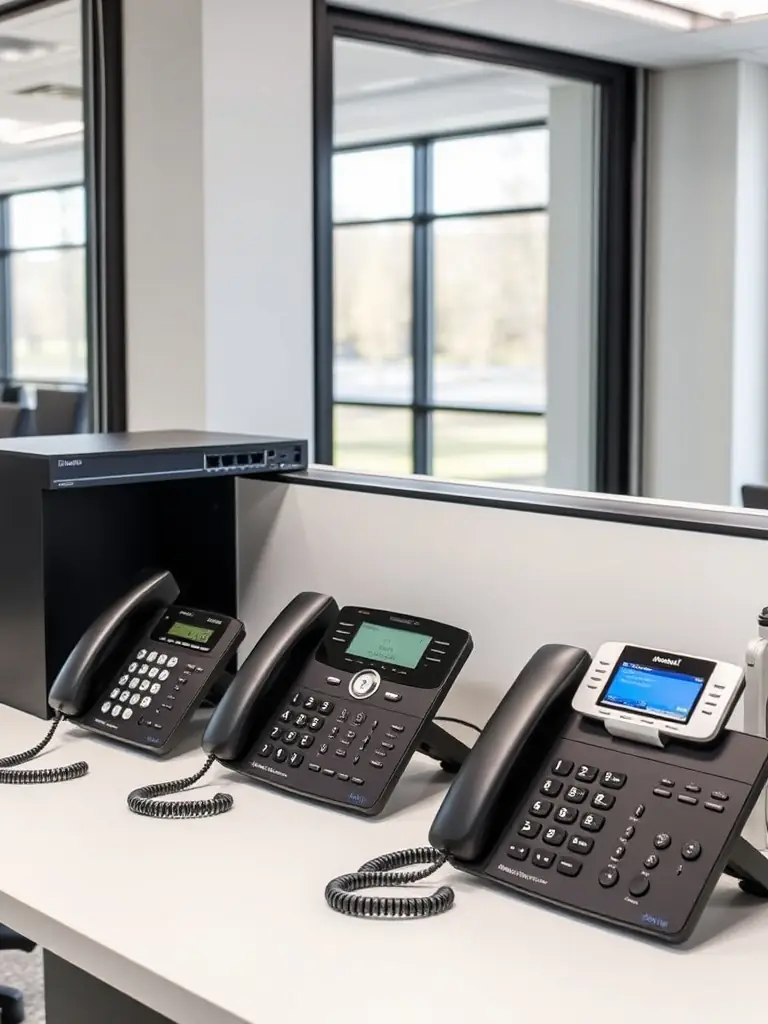 A professional VoIP phone system setup in a modern Dawsonville office, showcasing the clean and efficient installation.