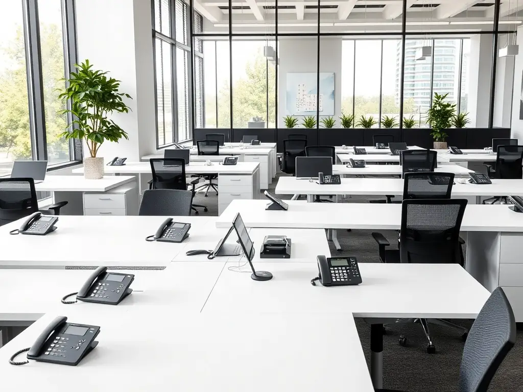 A modern office space in Decatur, Georgia, showcasing a clean and organized setup with several Yealink IP phones on desks, highlighting a design-focused installation.