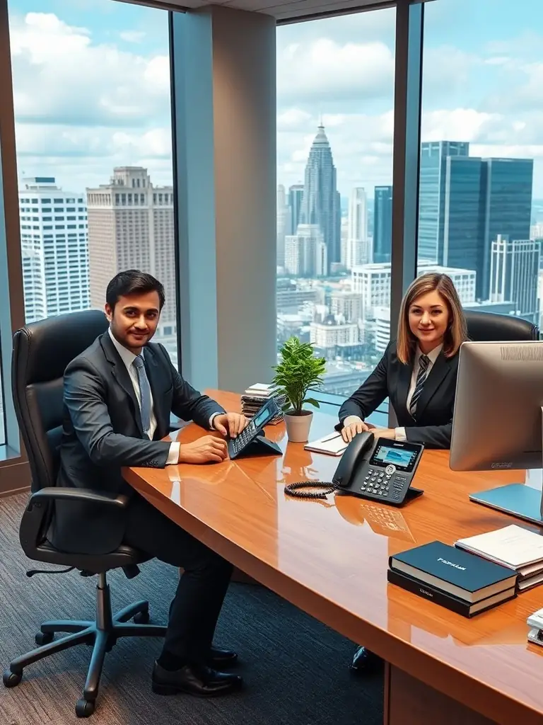 Image depicting a modern law office with lawyers using VoIP phones, showcasing a successful VoIP deployment for a law firm in Atlanta.
