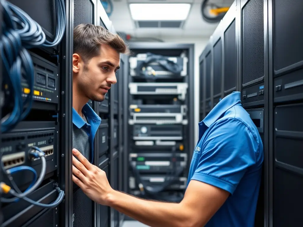 A network engineer in Decatur, Georgia, carefully inspecting network racks and cabling, emphasizing the importance of ensuring network readiness for VoIP deployment.