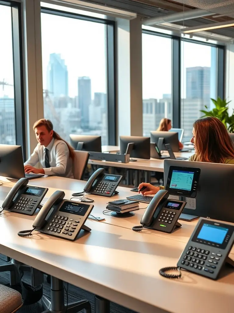 A modern office space in Sandy Springs, Georgia, showcasing employees using VoIP phone systems, emphasizing clear communication and collaboration.