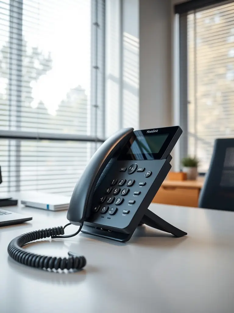A modern office environment in Roswell, Georgia, showcasing a sleek desk with a Yealink IP phone in the foreground, emphasizing the clarity and design of the phone system.