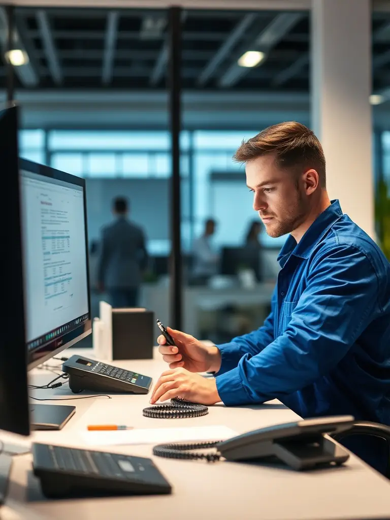 A technician carefully disconnecting a phone system at an office desk, preparing it for relocation. The scene is well-lit and professional.