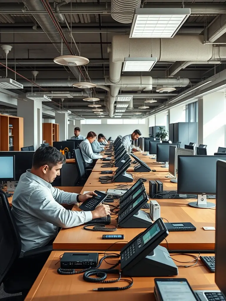 Technicians installing VoIP phone systems across multiple office locations, demonstrating Phone Systems Atlanta's expertise in 'multi-location deployments'.