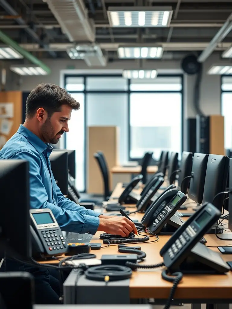 A professional technician installing a VoIP phone system in a Norcross office, focusing on the careful wiring and setup of the phones.