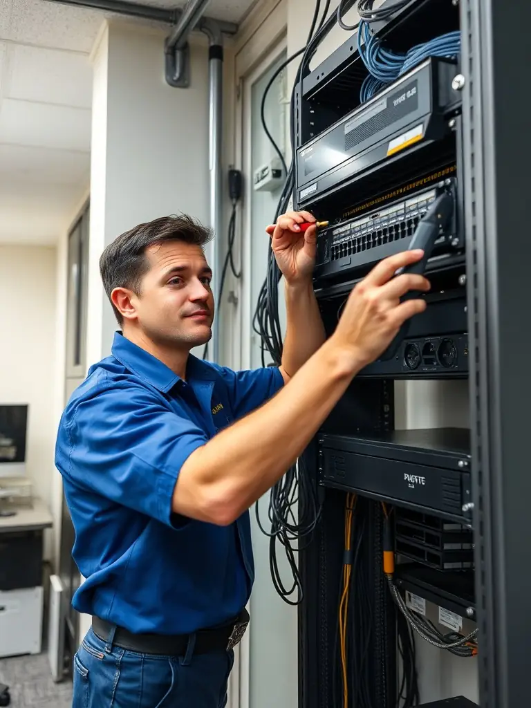 A technician expertly installing a VoIP phone system in an Alpharetta office, focusing on the precision and care taken during the installation process.