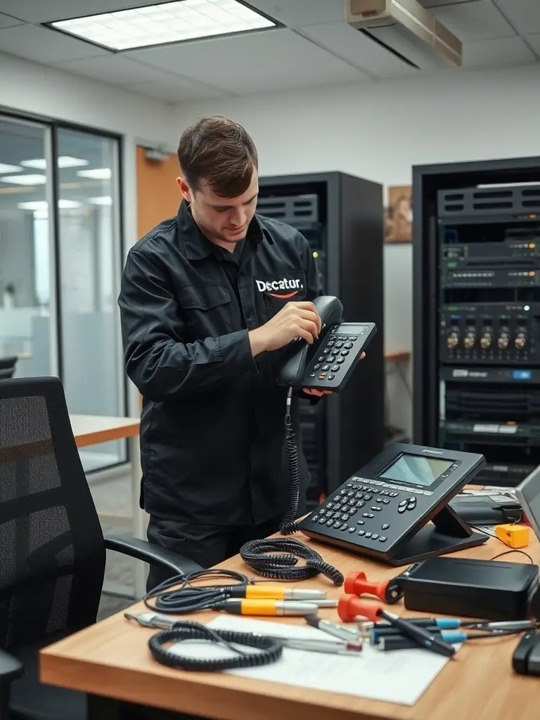 A technician repairing a VoIP phone system, showcasing the prompt and reliable repair services offered in Decatur, Georgia.