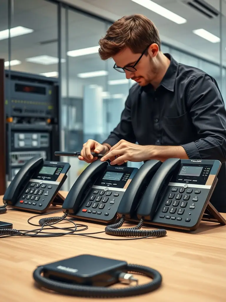 A technician installing a new VoIP phone system in a modern office setting, focusing on the precision and care taken during the installation process.