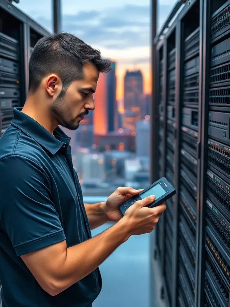 A network engineer analyzing network infrastructure with testing equipment, ensuring network readiness for a smooth VoIP phone system deployment in a Johns Creek office.