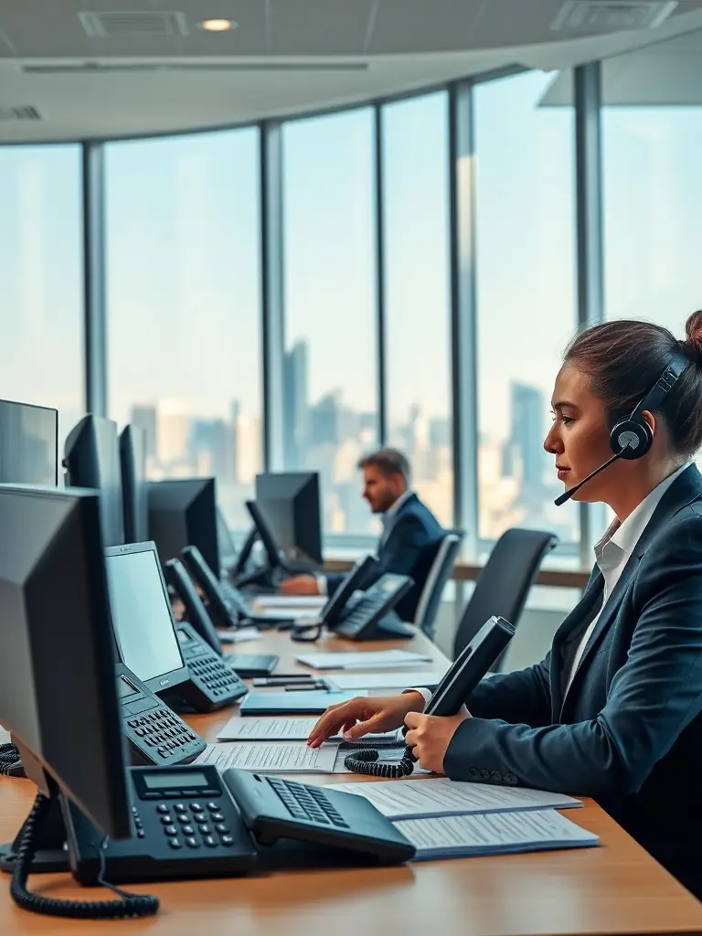 Image of a financial services office with employees using VoIP phones, emphasizing improved call quality and scalability.