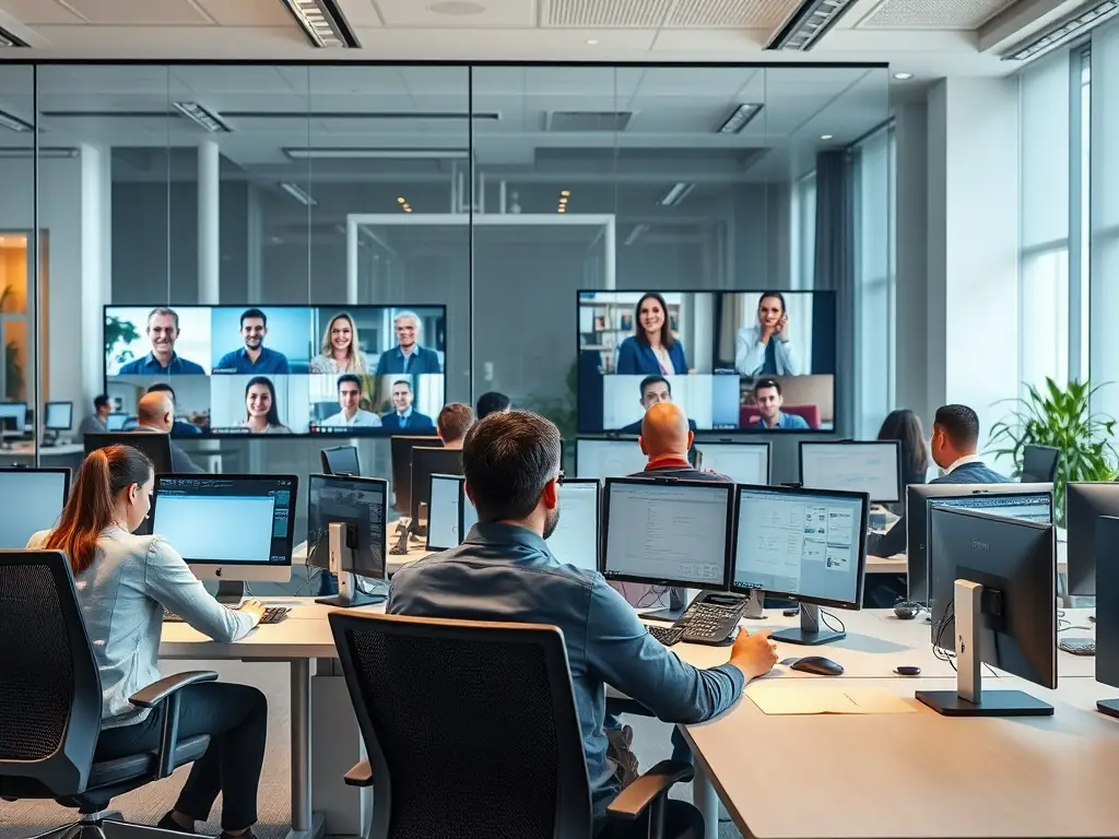 A modern office setting with employees collaborating seamlessly using VoIP phones and video conferencing, showcasing the efficiency and connectivity of a cloud PBX system.