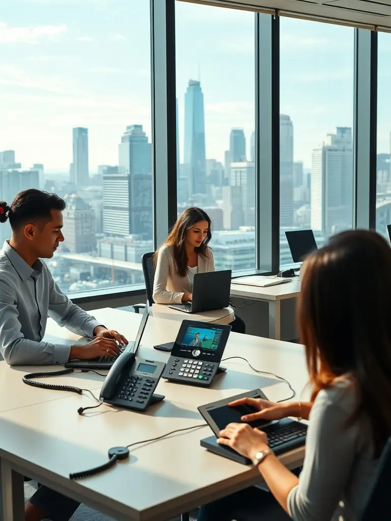An image showcasing a multi-location business with VoIP phones seamlessly connected across different offices in Atlanta.