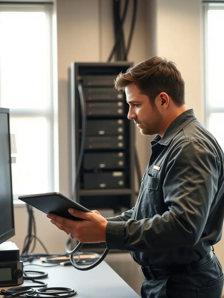 A technician troubleshooting a VoIP system in a Dawsonville office, highlighting the prompt and reliable repair services.