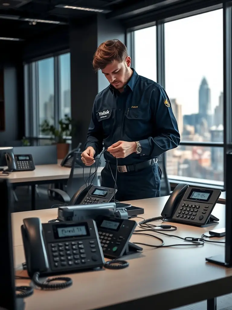 A professional technician installing a VoIP phone system in a modern Dawsonville office, showcasing the company's commitment to design before installation.