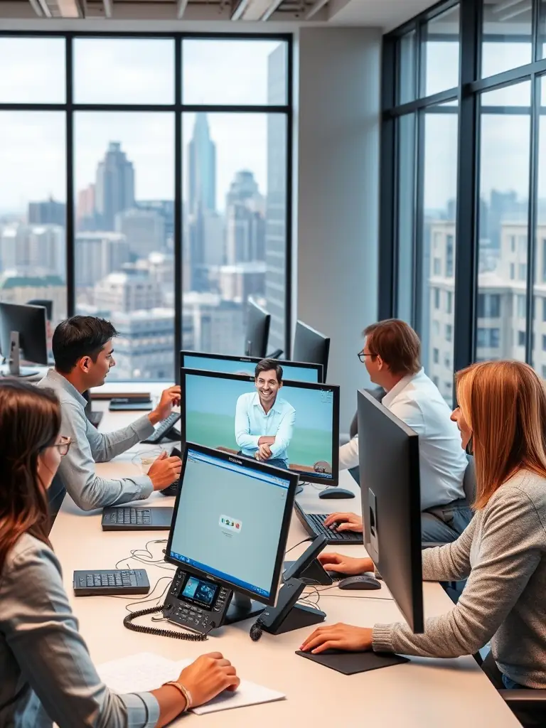 A modern office environment with employees using Intermedia Unite on their computers and IP phones, showcasing the platform's unified communication features.