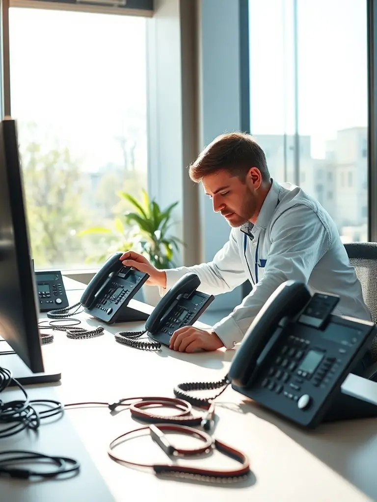 A professional technician installing a VoIP phone system in a modern Norcross office, showcasing the precision and care taken during installation.
