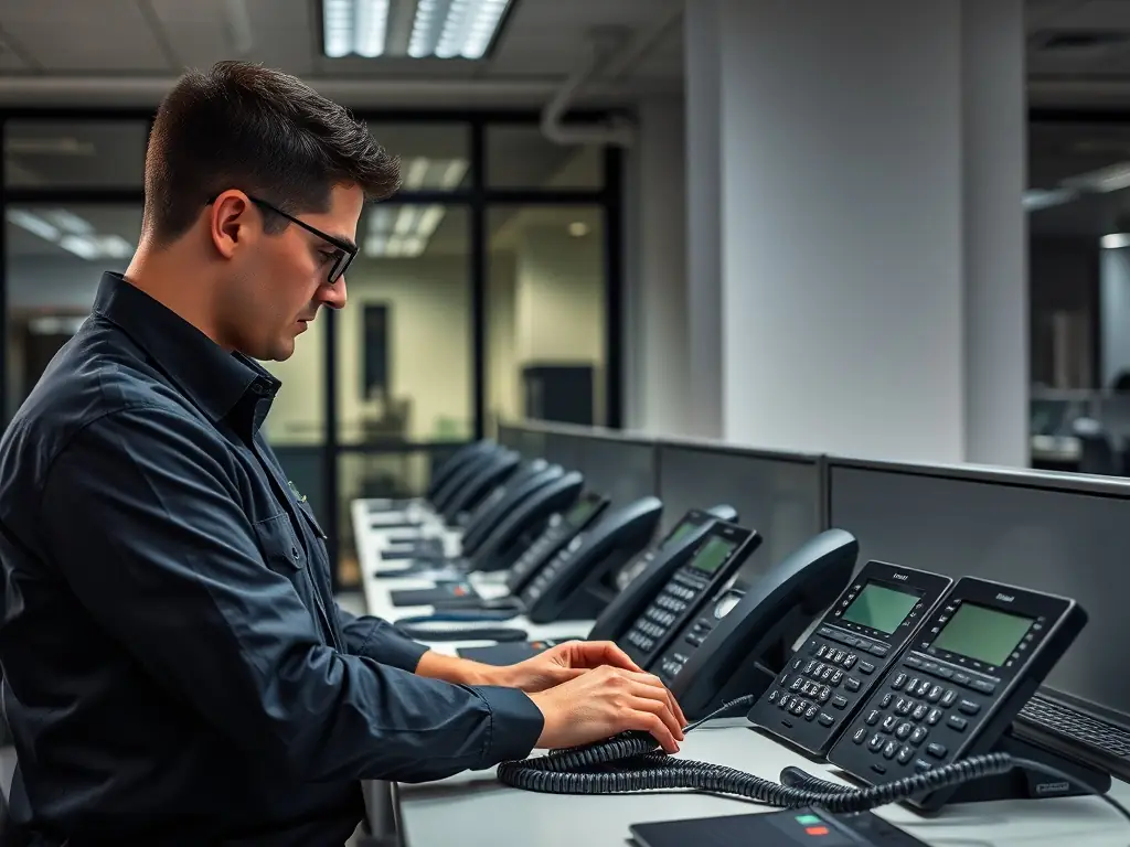 A technician expertly installing a VoIP phone system in a Peachtree City office, ensuring seamless integration with the existing network infrastructure.
