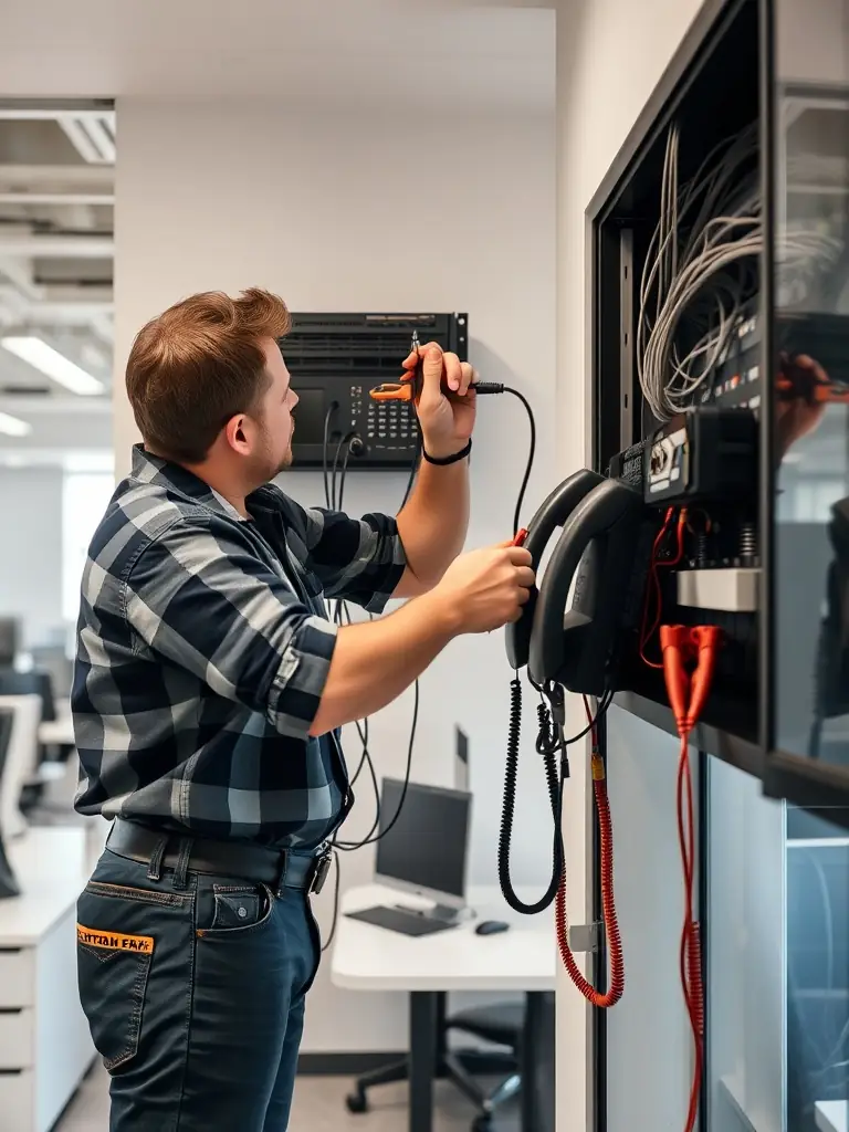 A technician expertly installing a VoIP phone system in a Roswell office, focusing on the precision and care taken during the installation process.