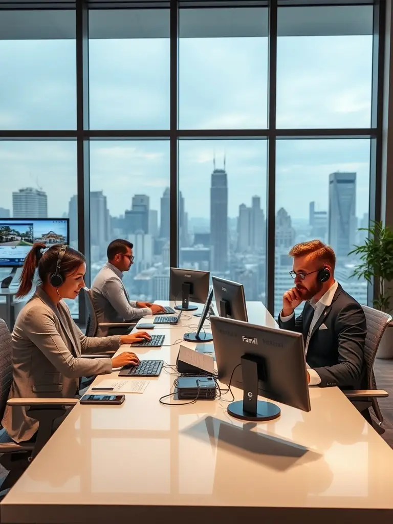 A real estate office with agents using VoIP phones, highlighting efficient communication for property management and client interactions.