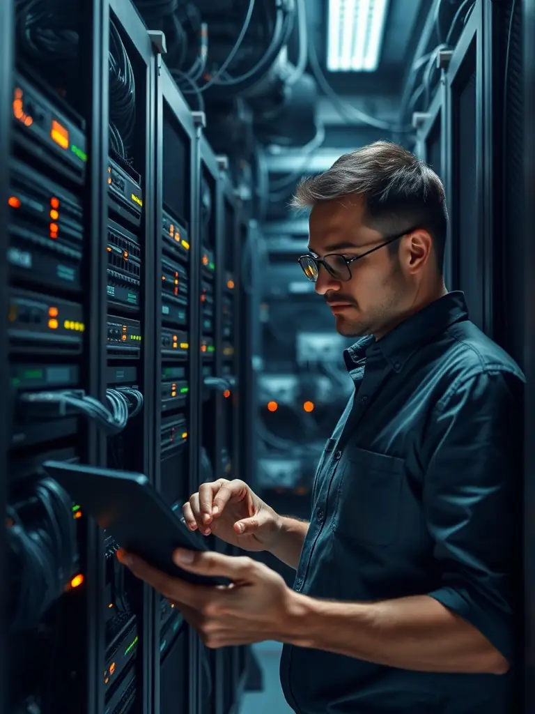 A network engineer analyzing network infrastructure in a Dawsonville business, emphasizing the importance of network readiness for VoIP.