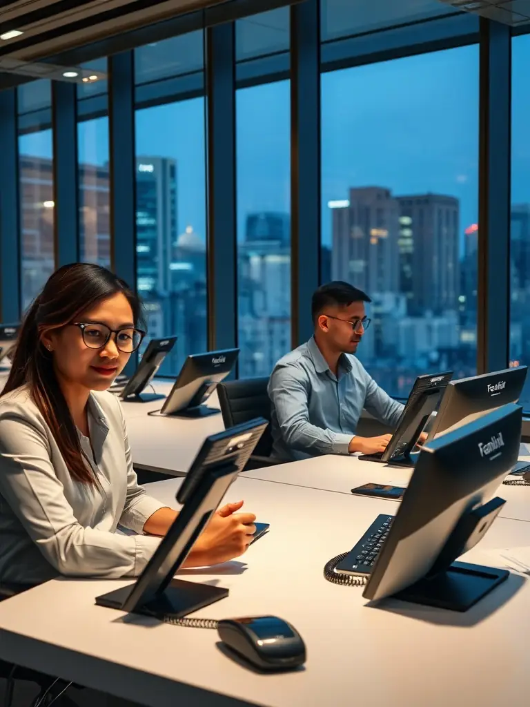 A modern office setting with employees using VoIP phone systems, showcasing clear communication and collaboration.