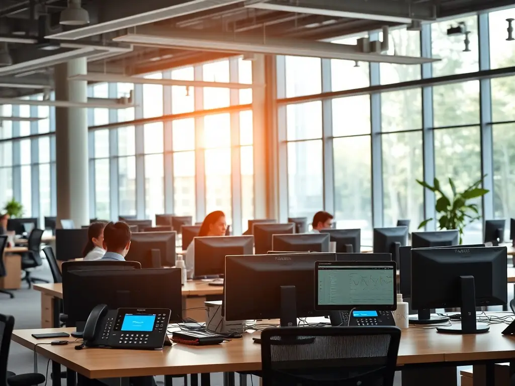 A modern office setting with employees working efficiently, showcasing the seamless communication enabled by SIP trunking. The image should convey a sense of productivity and technological advancement.