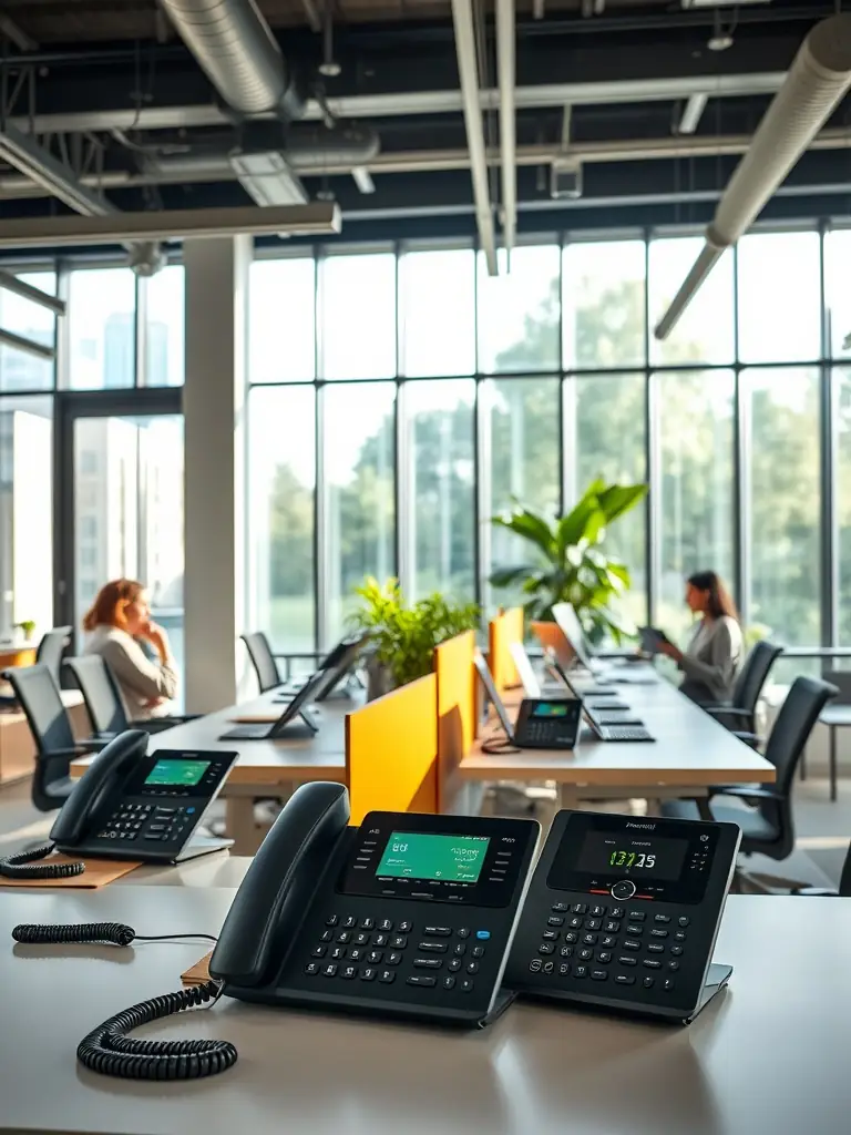 A modern office environment with a state-of-the-art VoIP phone system in use, showcasing the clarity and efficiency of business phone systems.