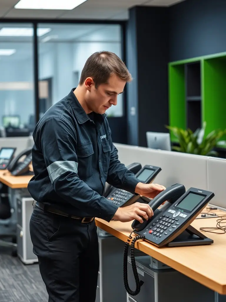 A technician installing a VoIP phone system in a Decatur business, highlighting the professional installation services provided by Phone Systems Atlanta.