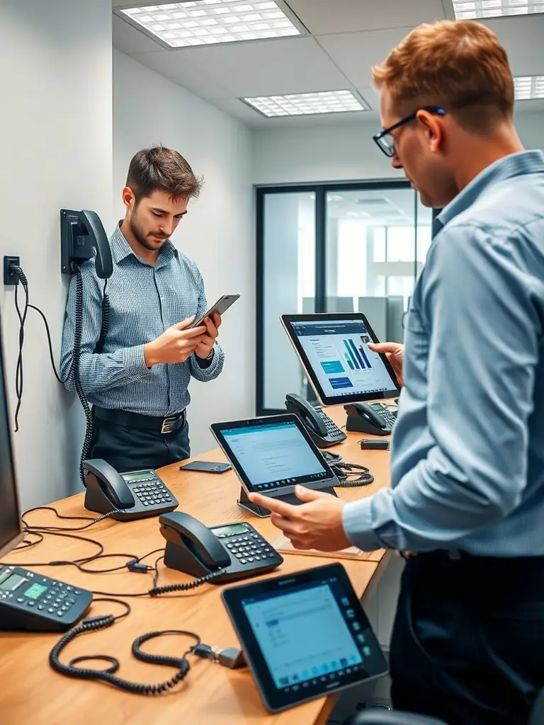 Technicians installing a VoIP phone system in a business setting, highlighting the professional installation services offered by Phone Systems Atlanta.