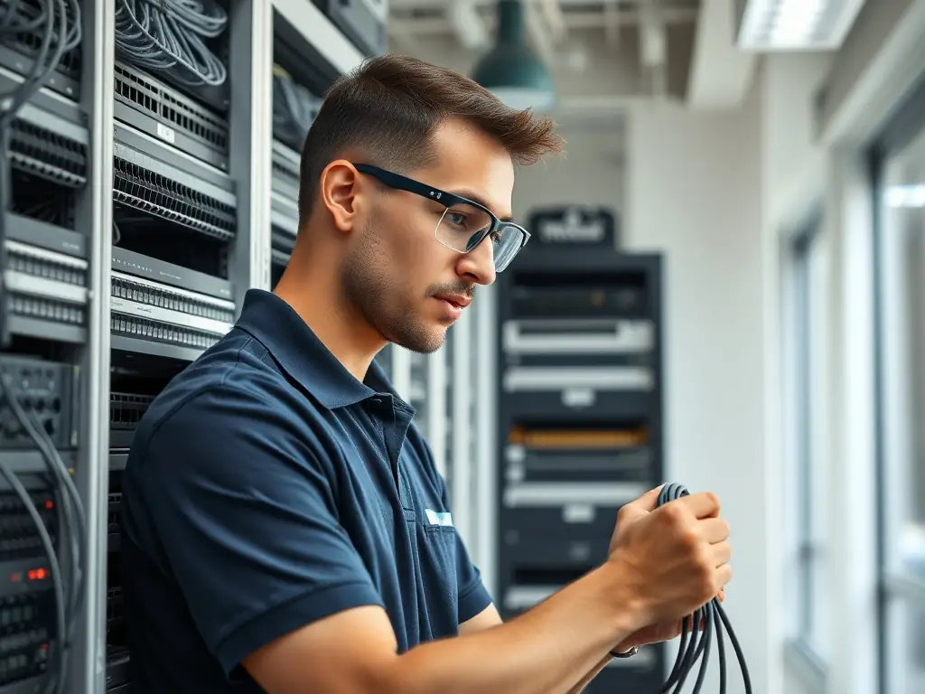 A technician working diligently on a complex phone system, showcasing Phone Systems Atlanta's commitment to hands-on expertise and reliable service.