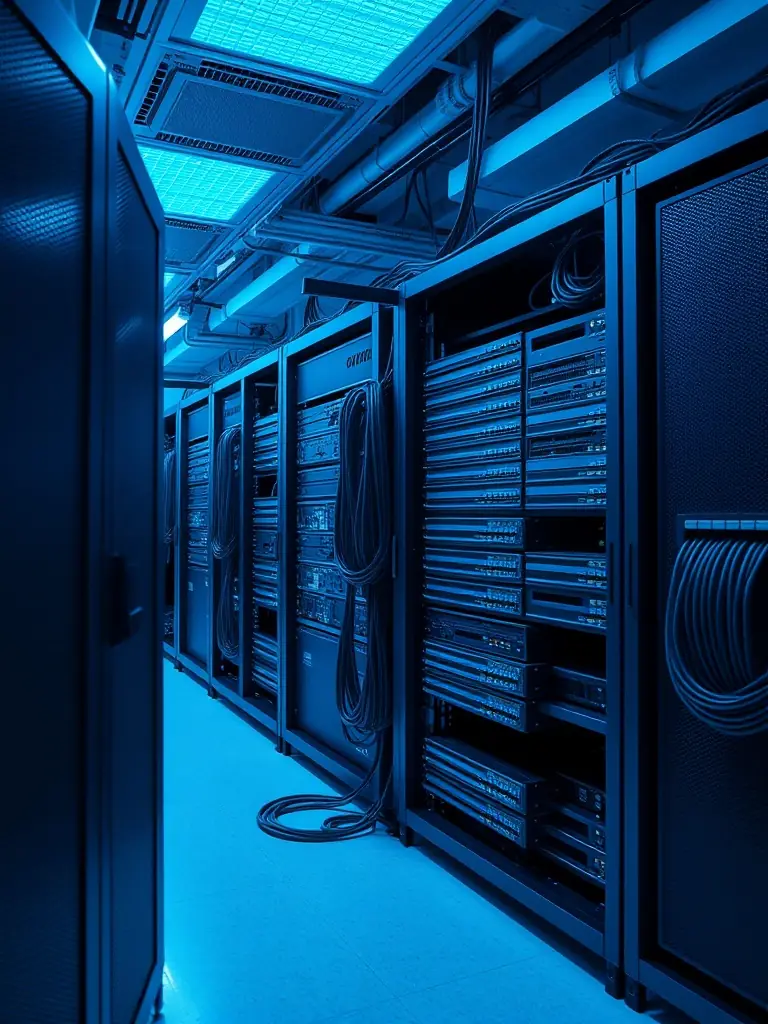 A server room with a hosted PBX system, highlighting the reliability and security of the hosted solution.