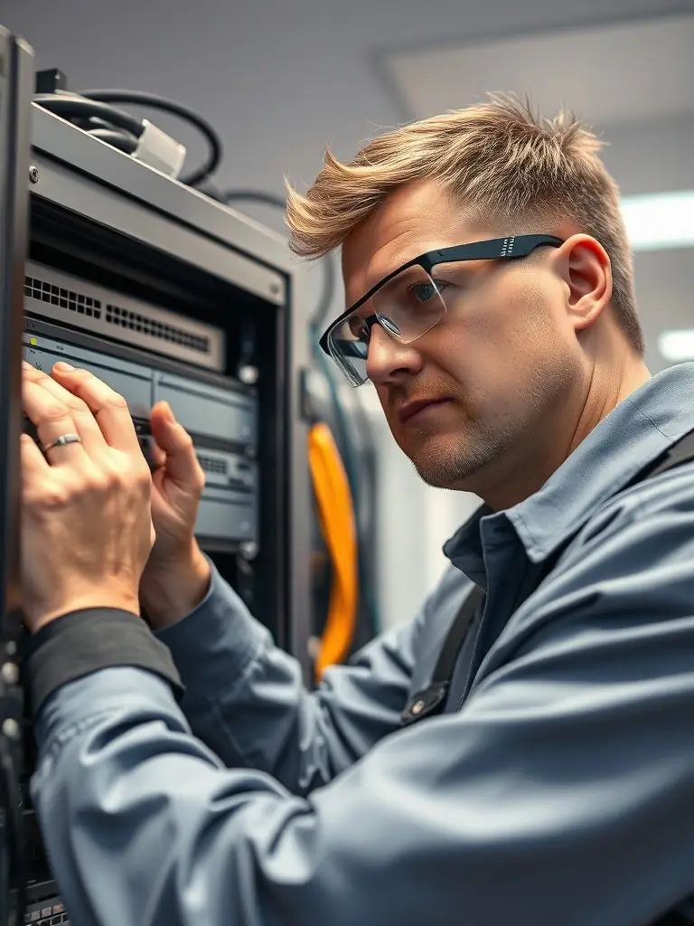 A skilled technician diagnosing and repairing a VoIP system in a Roswell business setting, highlighting the prompt and reliable repair services offered.