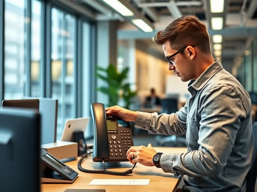 A photo of a Nortel phone system being replaced by a modern Infinity 7005D phone, showcasing the ease of transition.