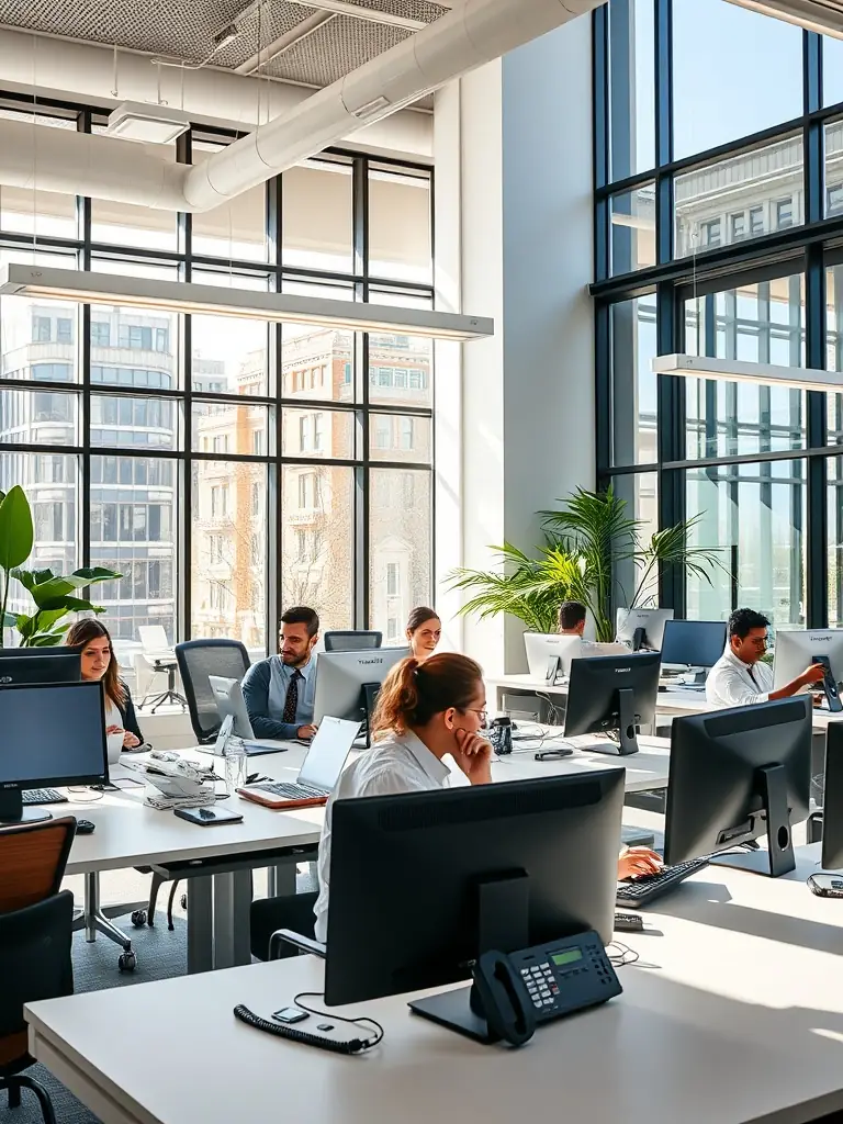 A modern office in Norcross, GA, showcasing employees using VoIP phone systems for efficient communication.