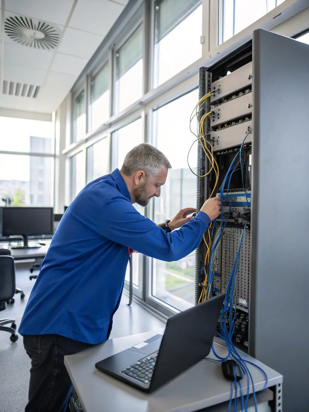 A photo of a Phone Systems Atlanta technician quickly resolving a VoIP issue at a Marietta business, showcasing fast onsite service.