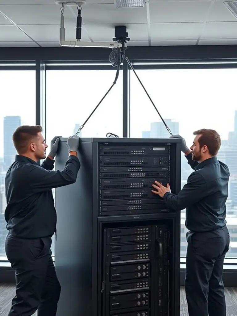 A team of technicians carefully disconnecting and relocating a legacy phone system in an office environment, ensuring a seamless transition.