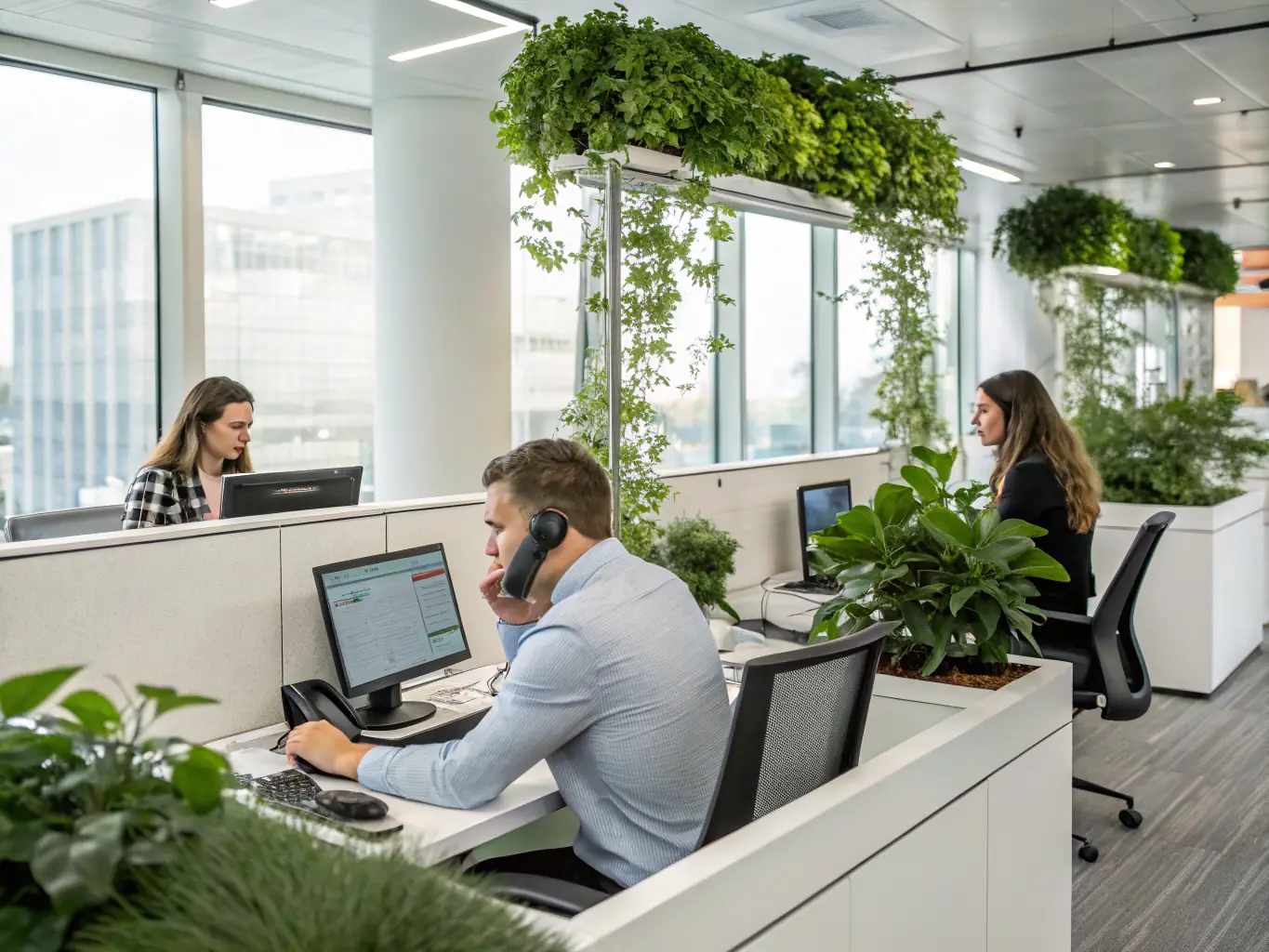 A brightly lit modern office space with employees working collaboratively, showcasing the flexibility and scalability of cloud-based Zultys solutions.