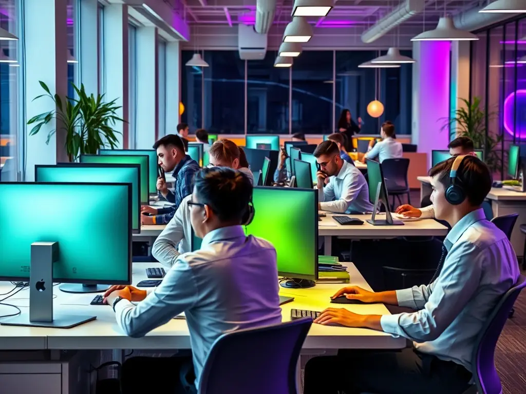 A professional office setting with employees collaborating, showcasing the seamless integration of VoIP systems with various business platforms.