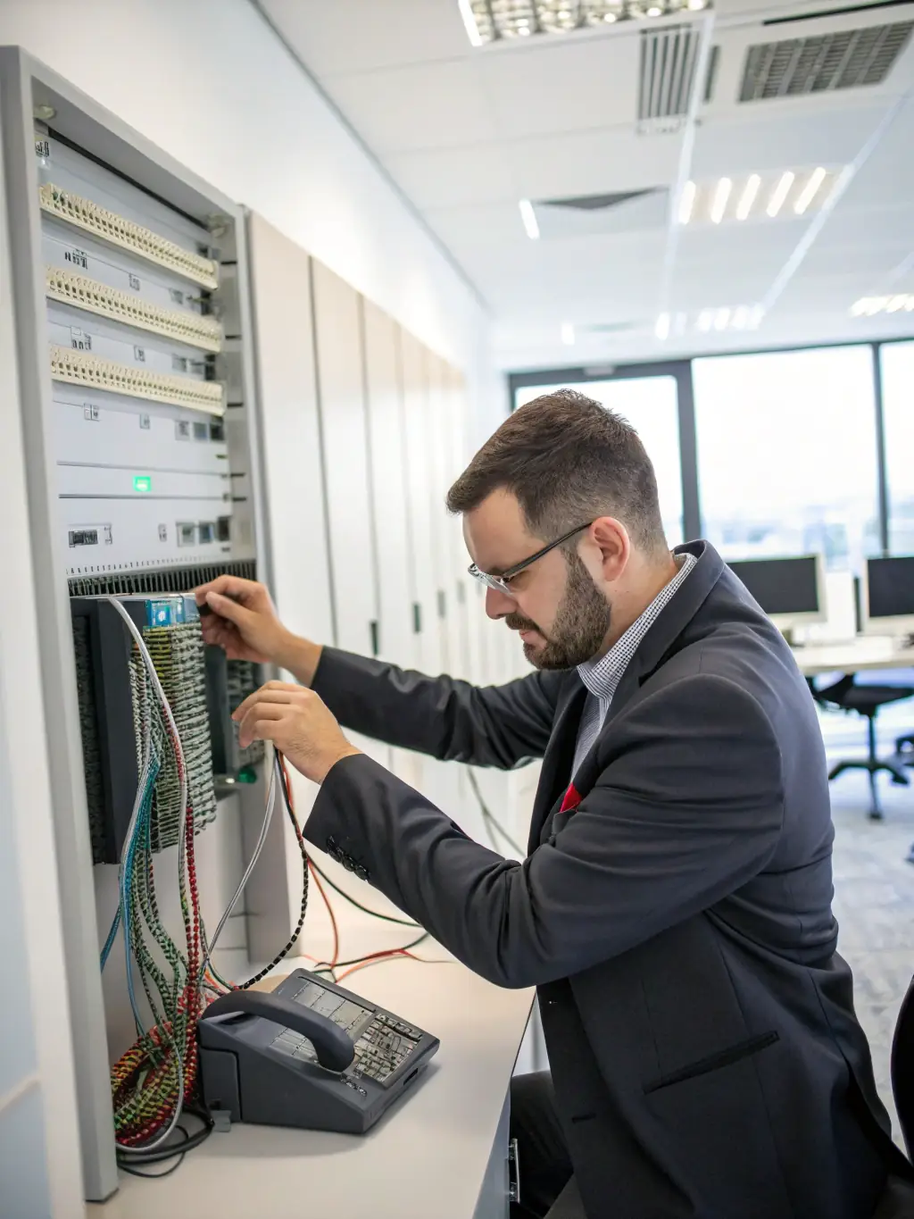 A technician using a specialized programming interface to configure a legacy phone system, with a focus on the software and hardware interaction.