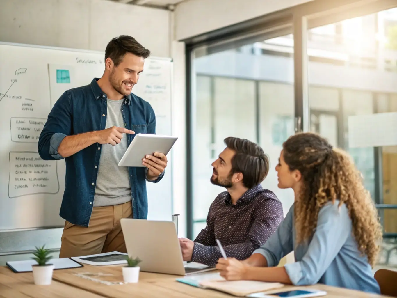 An image of a project manager coordinating with IT staff during an office relocation, using a tablet to track progress and ensure all systems are properly set up.