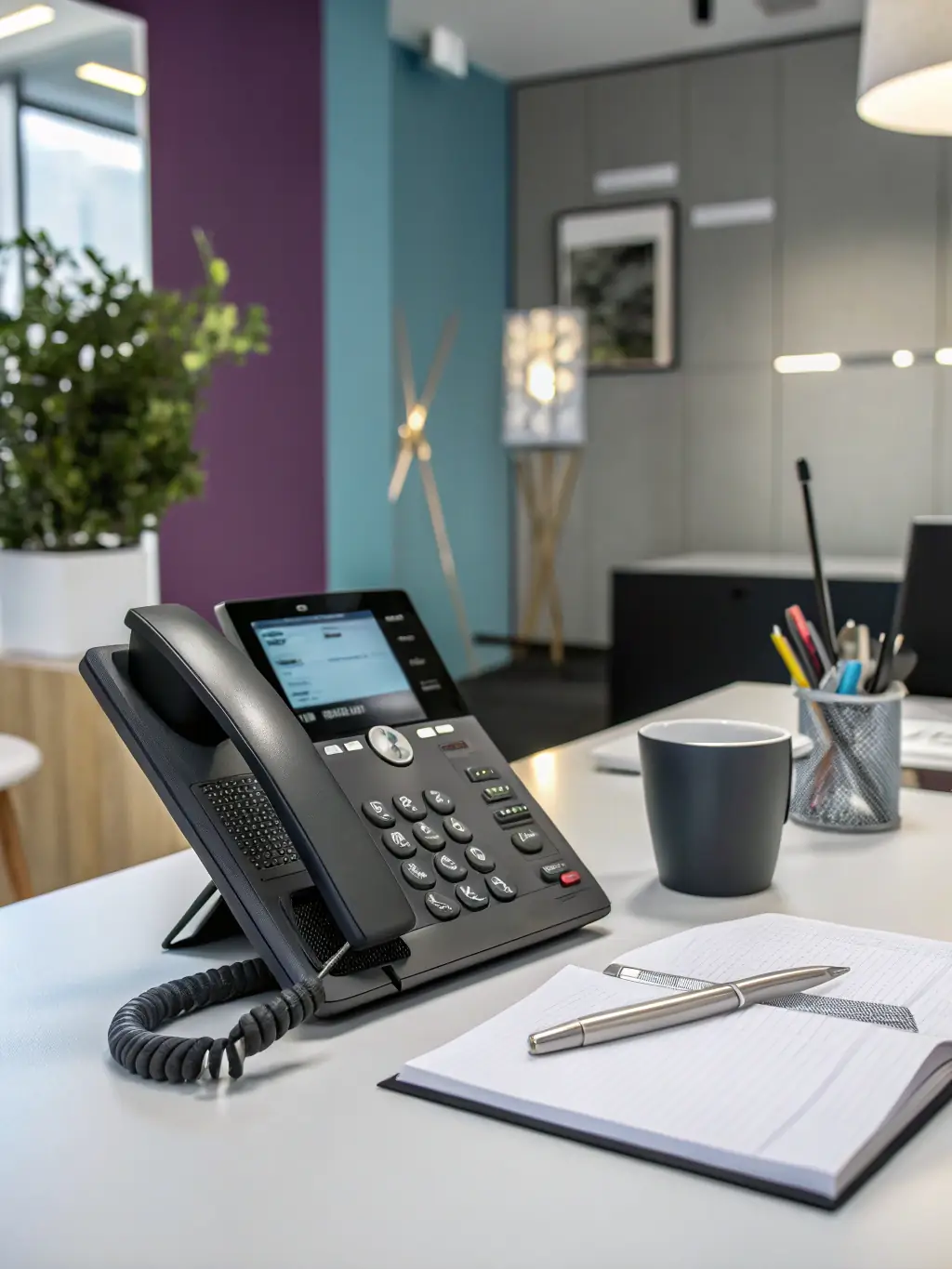An image of Yealink and Fanvil IP phones connected to a modern office setup with a city skyline in the background, representing Cloud VoIP Phone Systems.