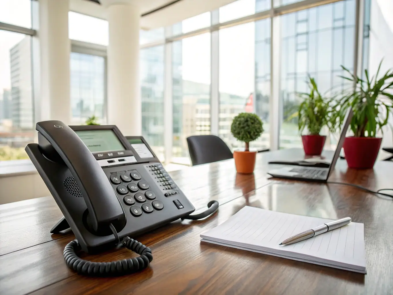 A modern office space with a state-of-the-art VoIP phone system installed, showcasing the sleek design and functionality of the phones.