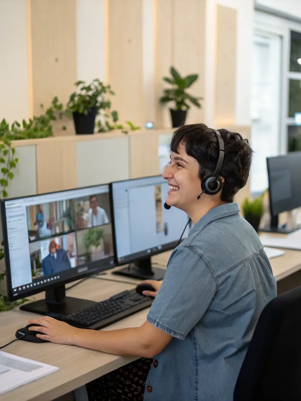 A friendly support technician assisting a client remotely, showcasing the company's dedication to excellent customer service.