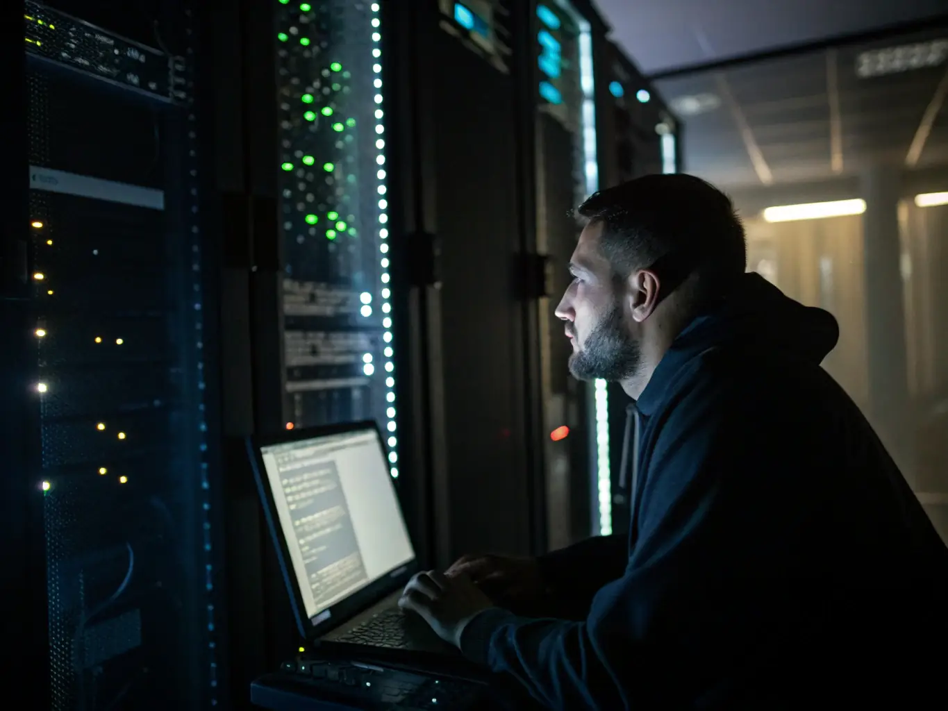An image depicting a technician performing a network readiness assessment using specialized testing equipment in a server room.