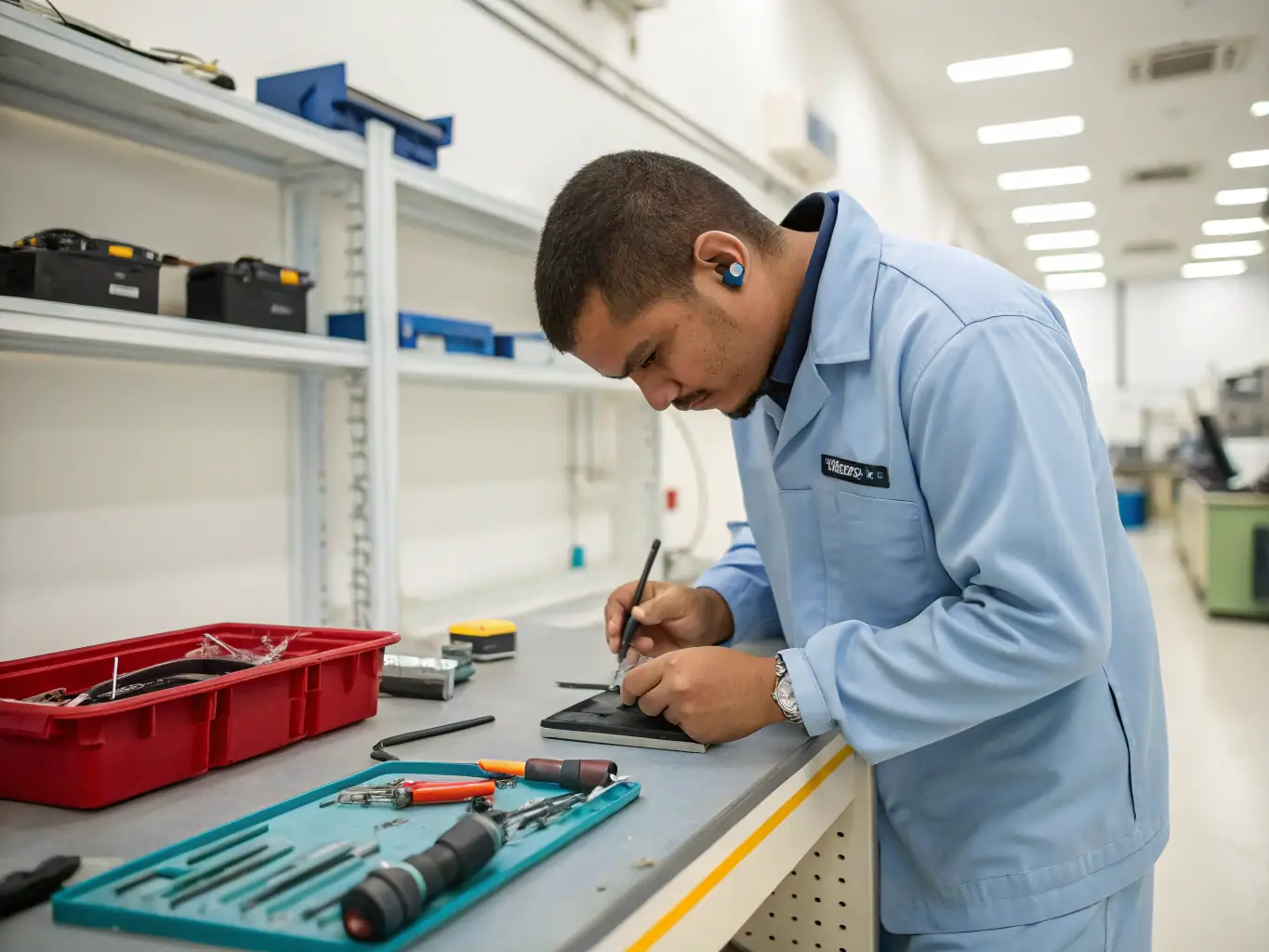 A technician in a blue uniform carefully examining the internal components of a legacy phone system, with various tools and spare parts neatly arranged on a nearby workbench, showcasing the meticulous approach to repair.