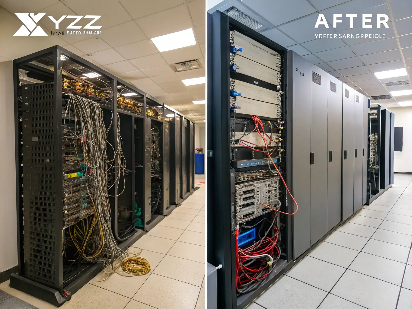 A before-and-after image showing a messy, unorganized cable setup versus a clean, professionally organized and labeled cable management system.